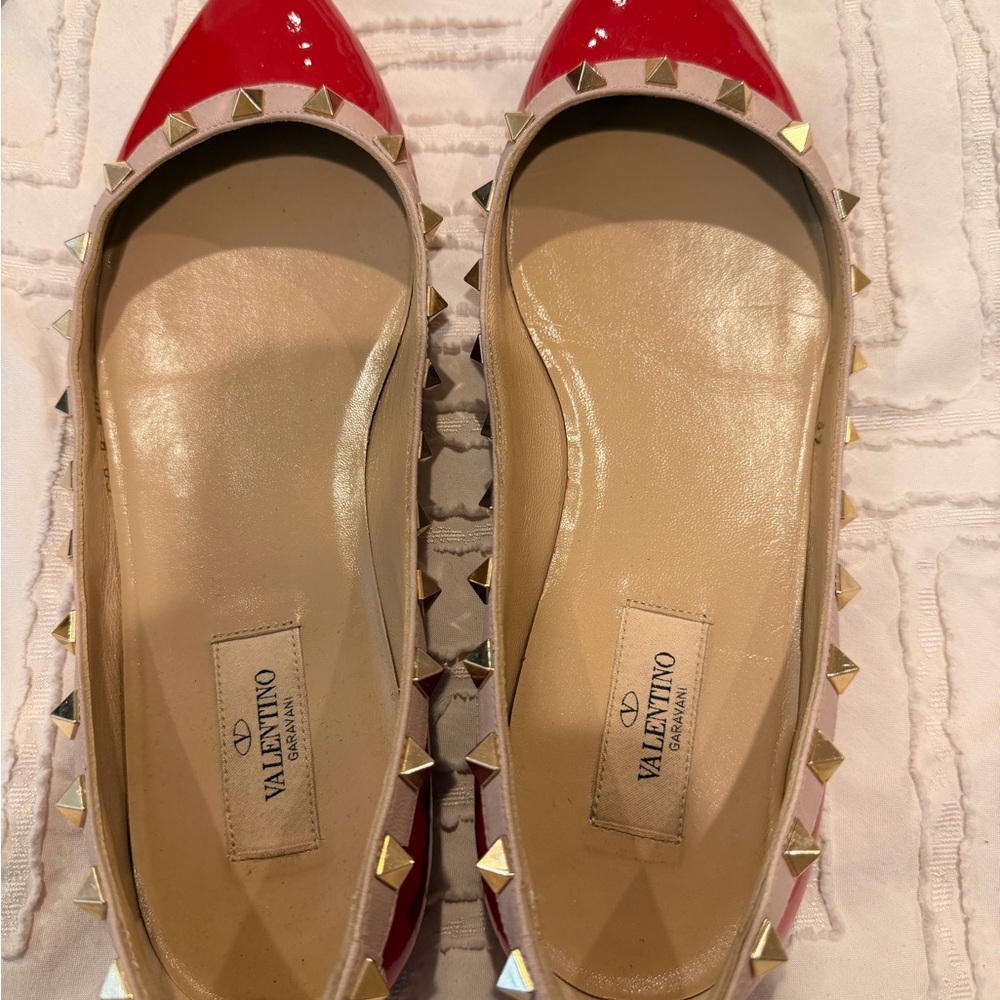 Valentino Rockstud Red and Beige Studded Flats
